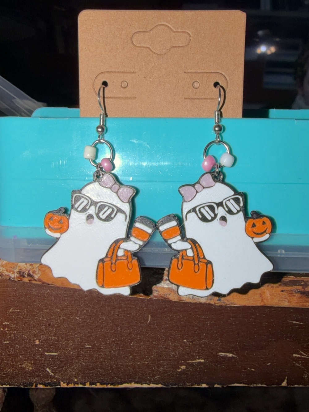 Bougie White Ghost Halloween Dangle Earrings with Orange Accents
